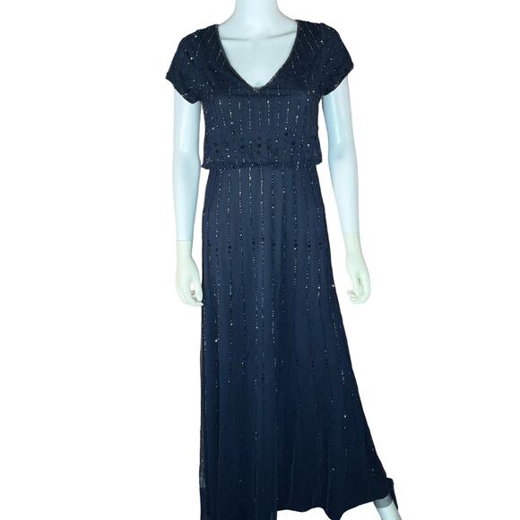 Adrianna Papel StretchBeaded Zippered Lined Short Sleeve V Neck Blouson Dress 4 - Picture 1 of 5